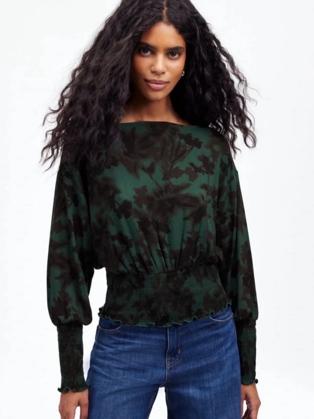 Madewell Dark Green and Black Cinched Long-Sleeve Top